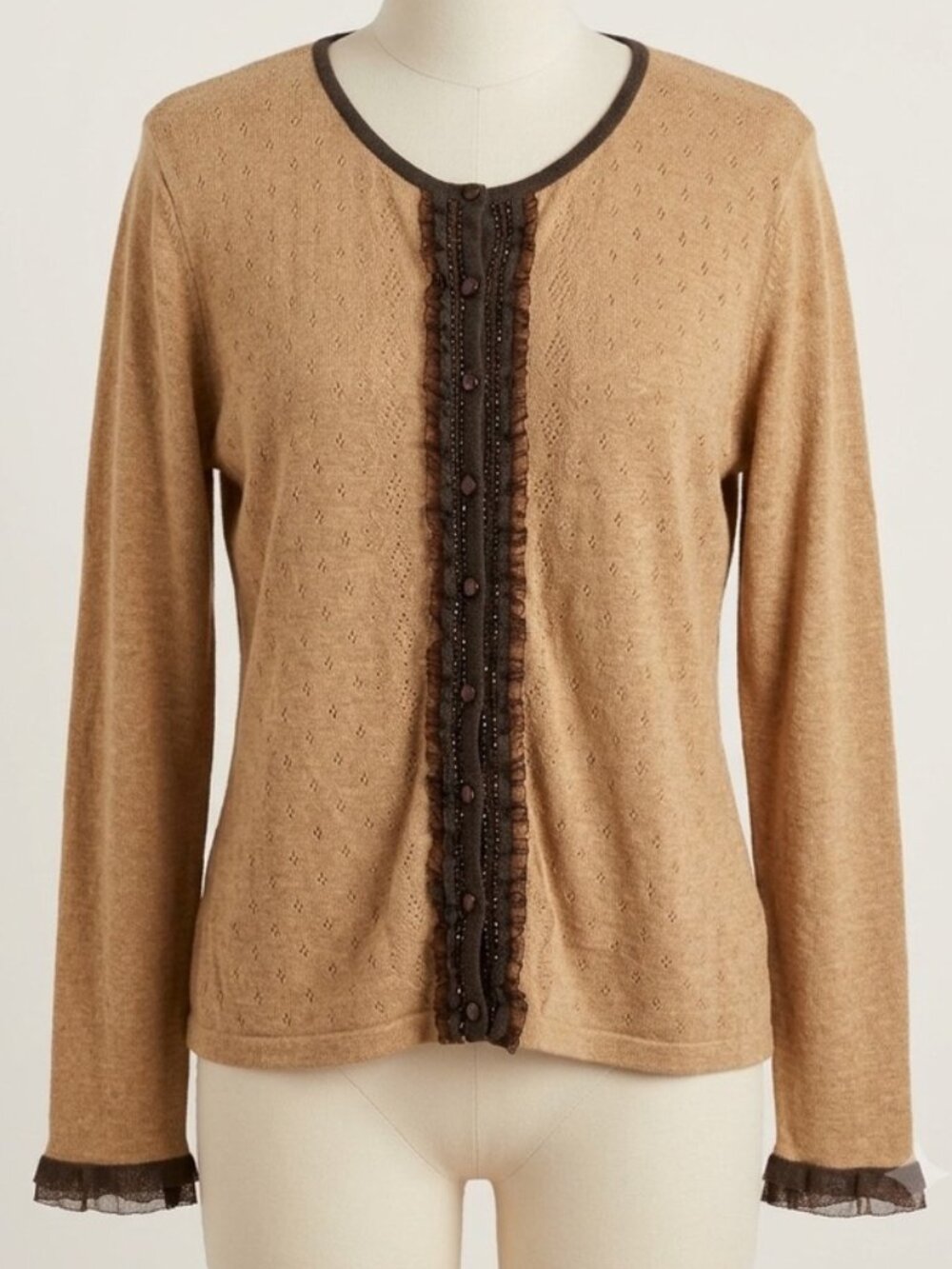 Vintage Y2K Emma James Beaded Pointelle Cardigan Sweater in Tan XL